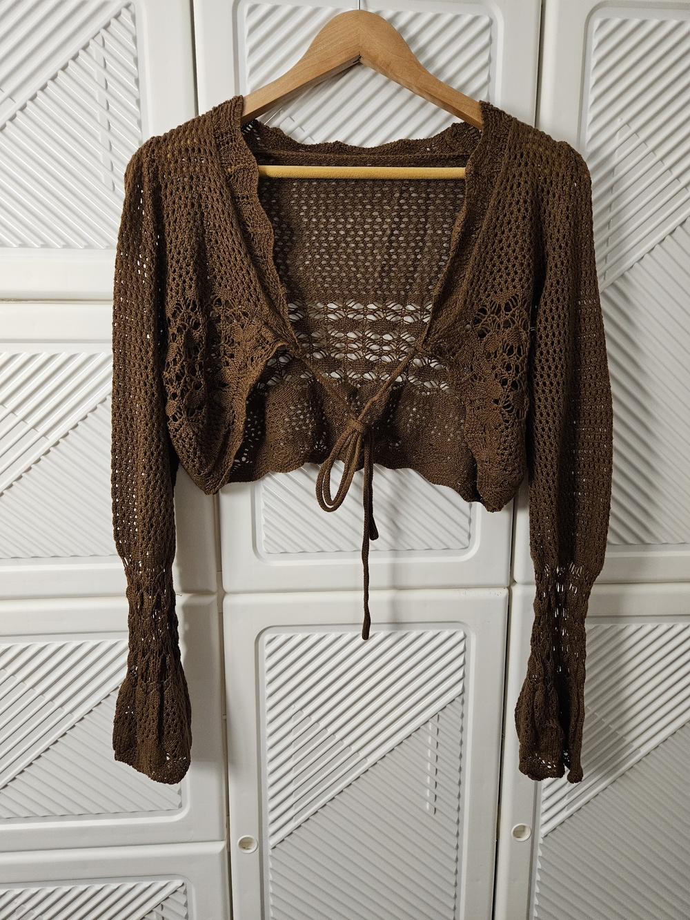 SHEIN Brown Crocheted Tie-Front Cardigan